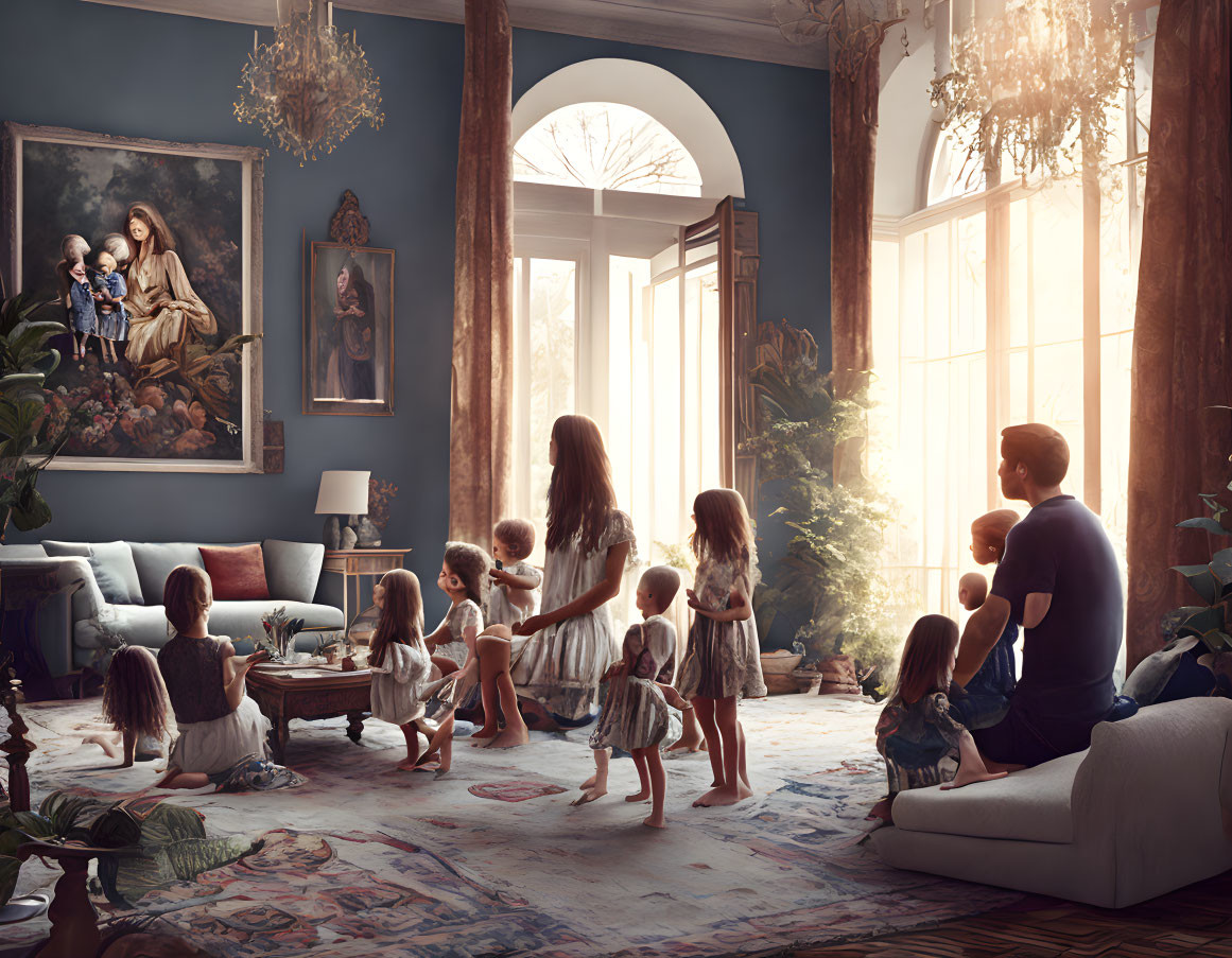 Family with children in vintage living room under sunlight.