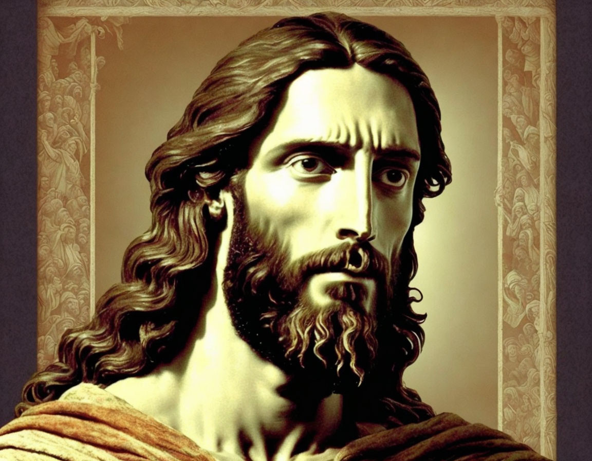 Religious painting of Jesus in robe with long hair & beard