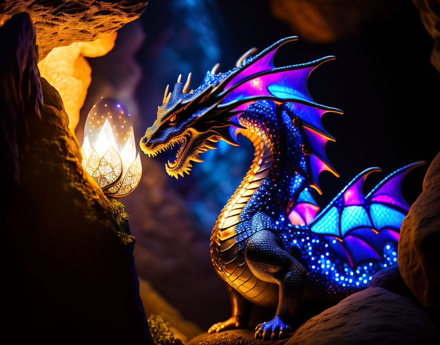 Fantasy dragon with blue and purple scales beside glowing crystal