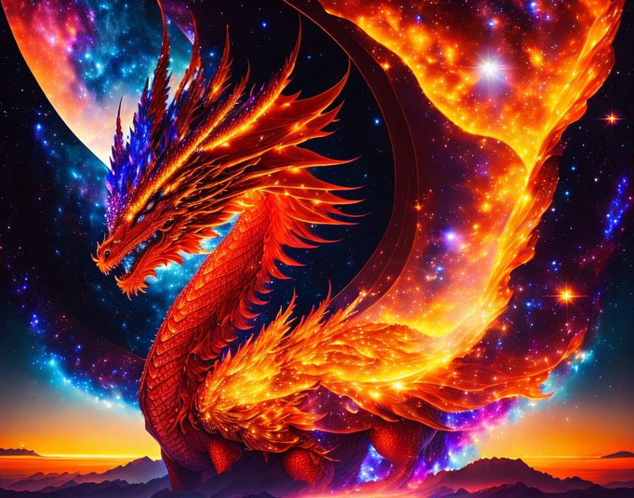 Majestic dragon with blue and orange scales flying in cosmic space