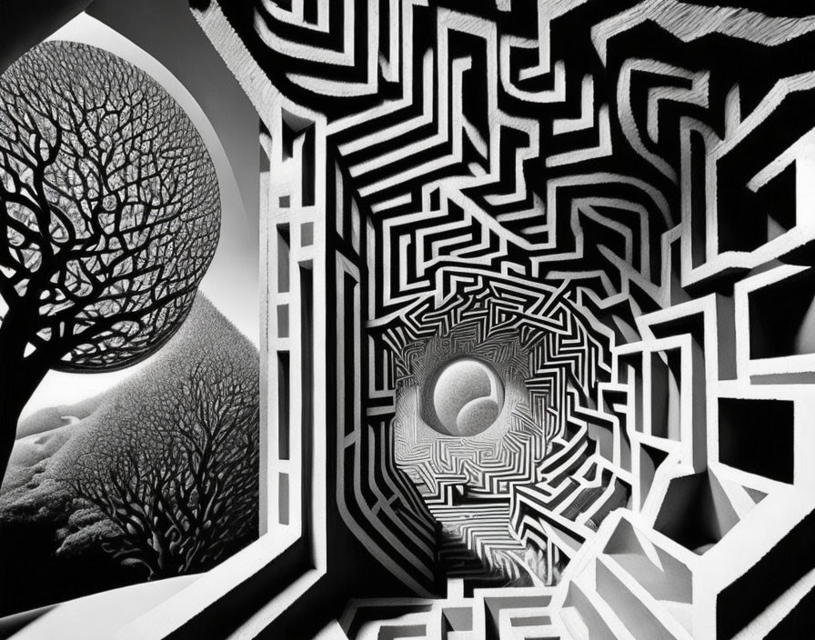 Surreal black and white artwork with labyrinth pattern and silhouetted trees