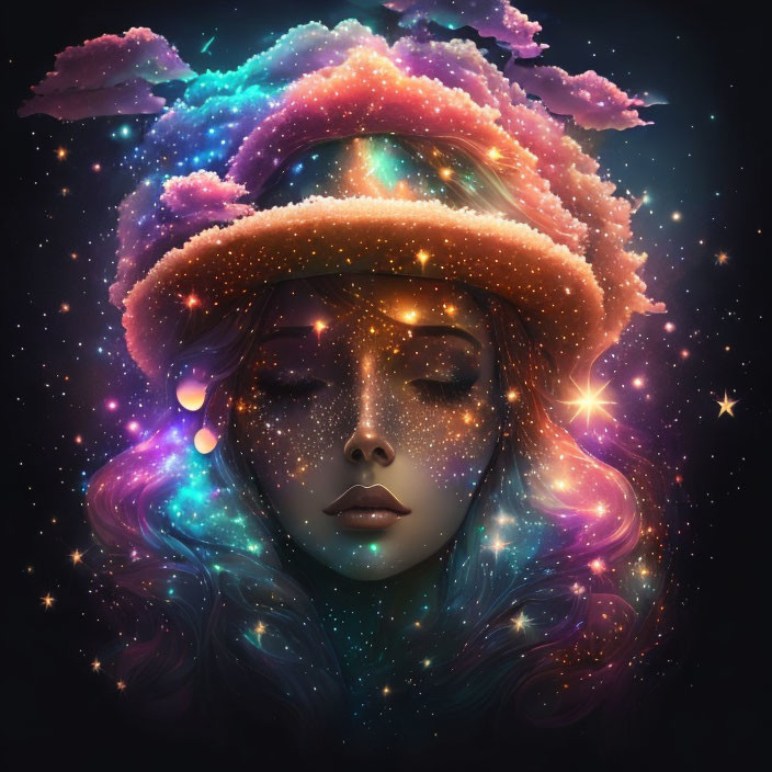 Cosmic clouds and stars frame serene woman with galaxy hat