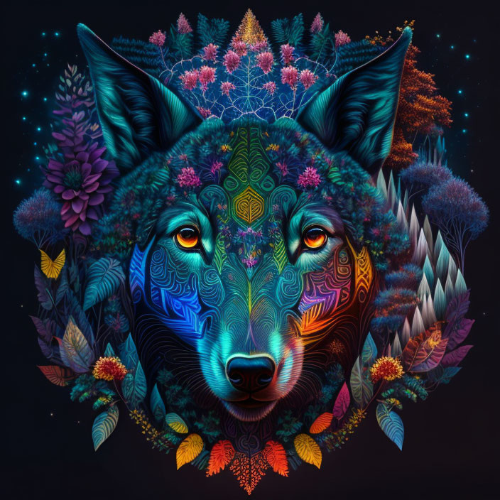 Symmetrical floral wolf illustration with cosmic design