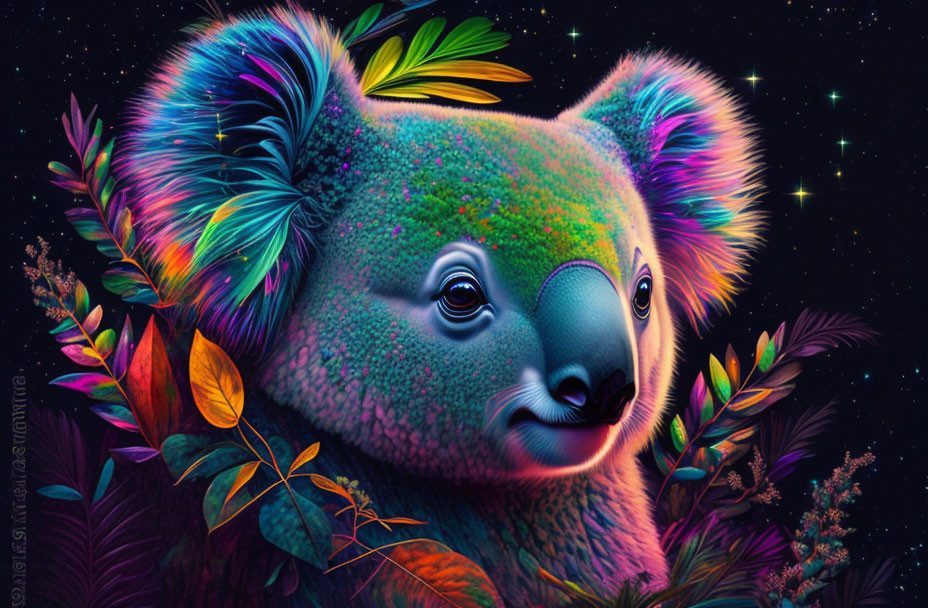 Colorful Koala Illustration in Neon Foliage Night Scene