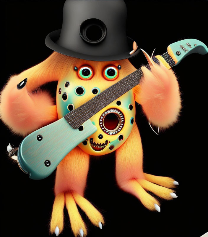 Colorful creature with multiple eyes playing guitars on black background