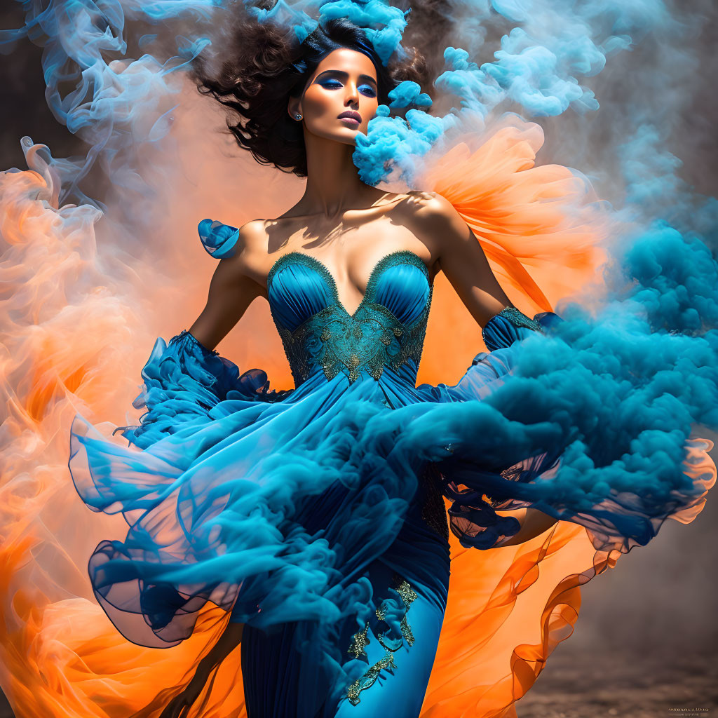 Woman in flowing blue gown enveloped by dynamic blue smoke on dark background