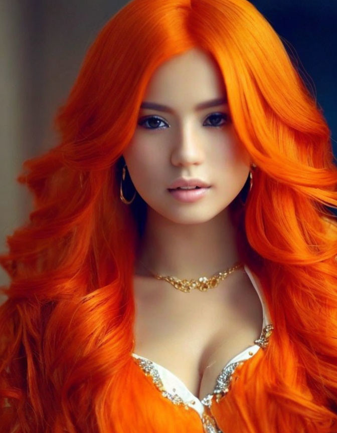Vibrant orange hair woman in white outfit with gold accessories