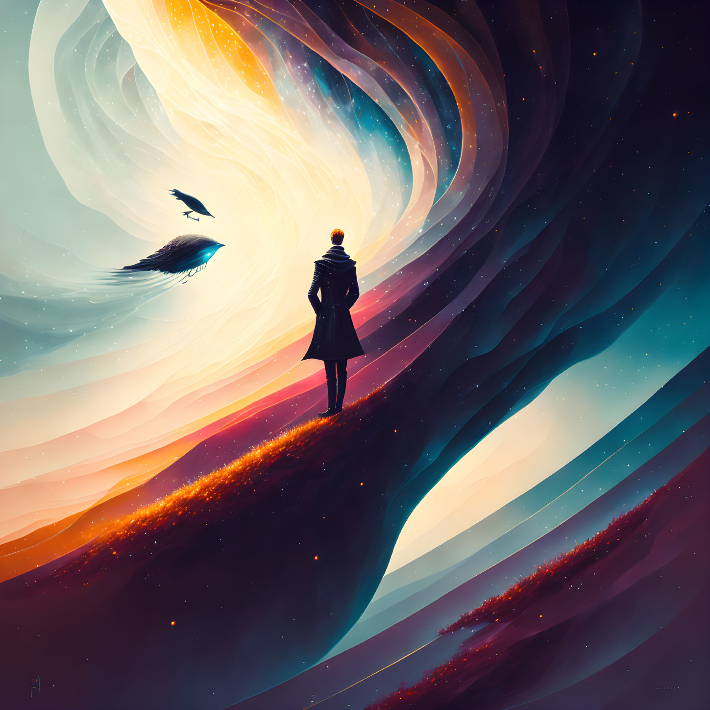 Solitary figure in vibrant cosmic landscape with stars and soaring birds