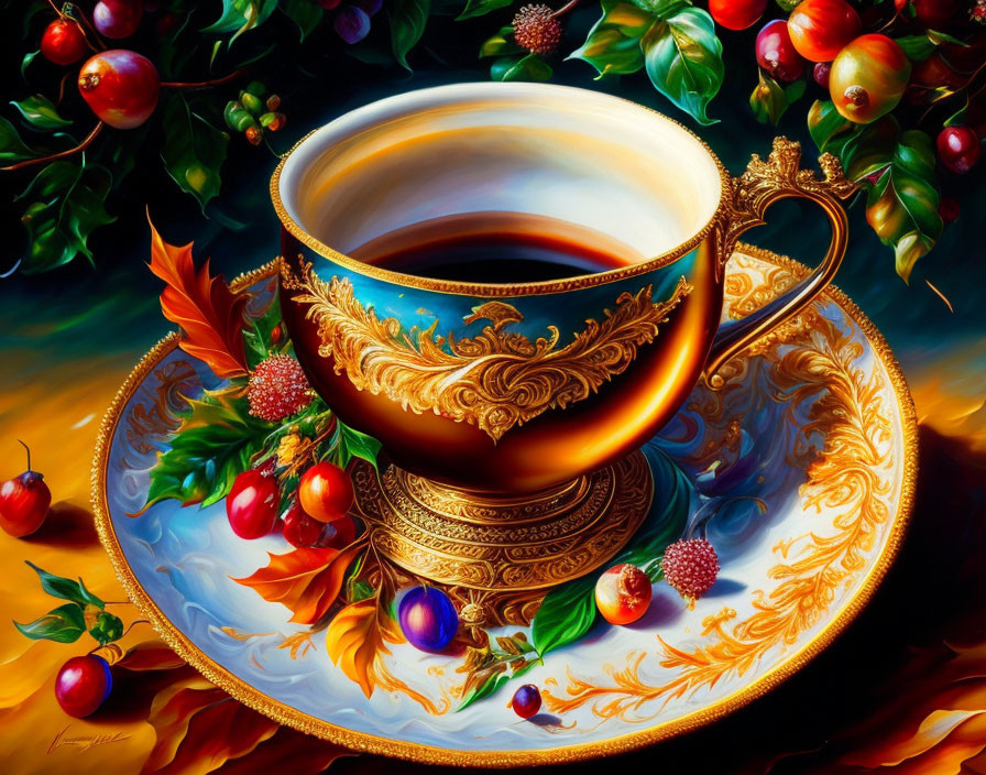 Golden cup with coffee, berries, and leaves on dark background