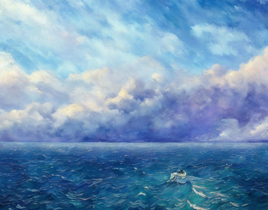 Ship sailing turbulent blue seas under dramatic sky with billowing clouds.