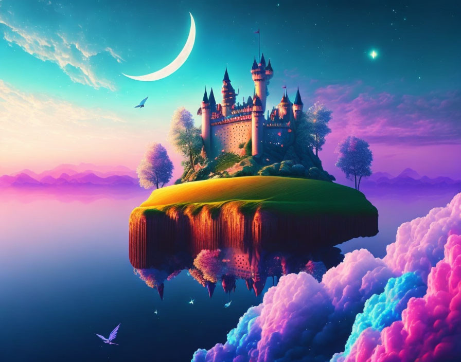 Fantastical castle on floating island under twilight sky