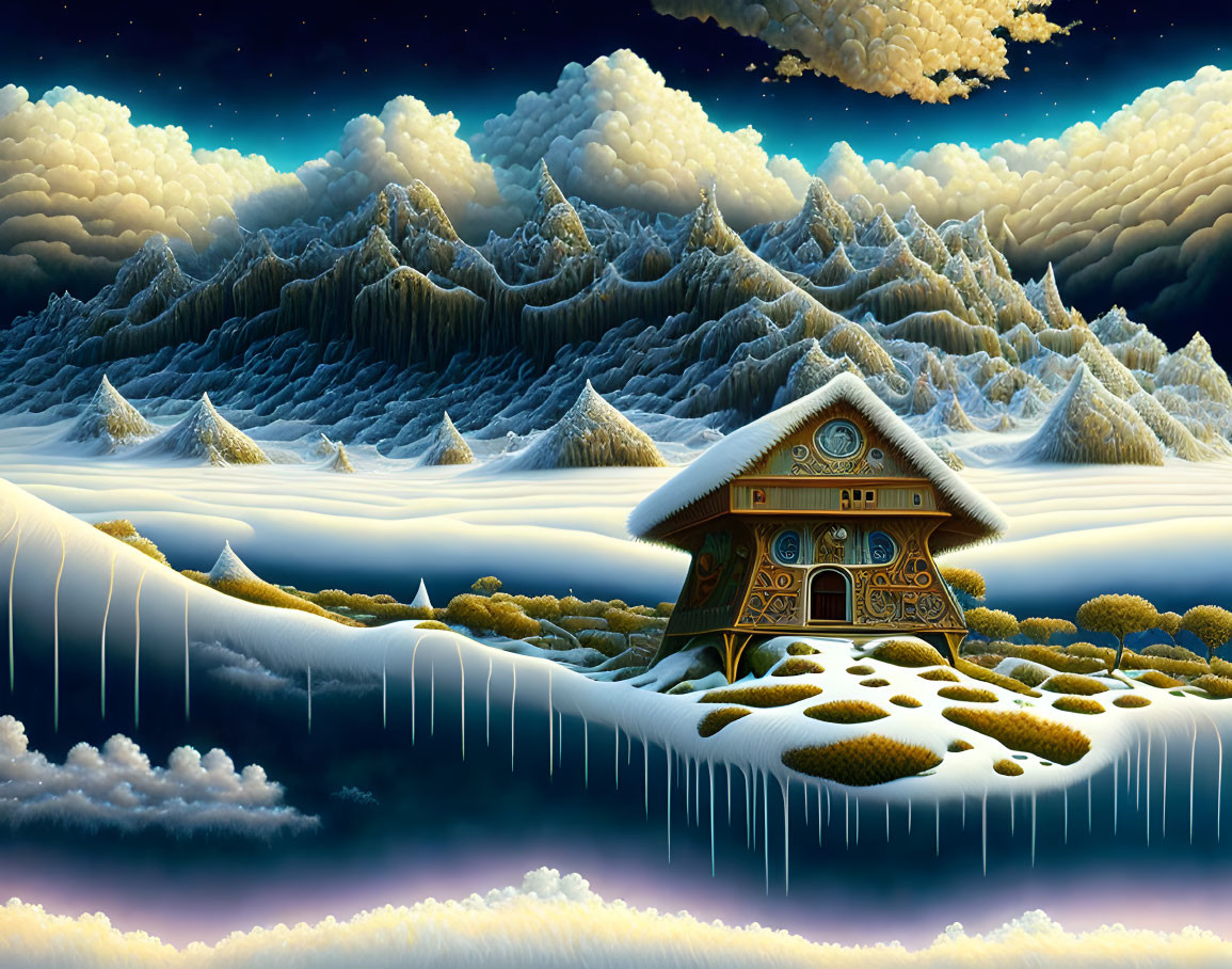 Clock-faced house in whimsical snowy mountain landscape