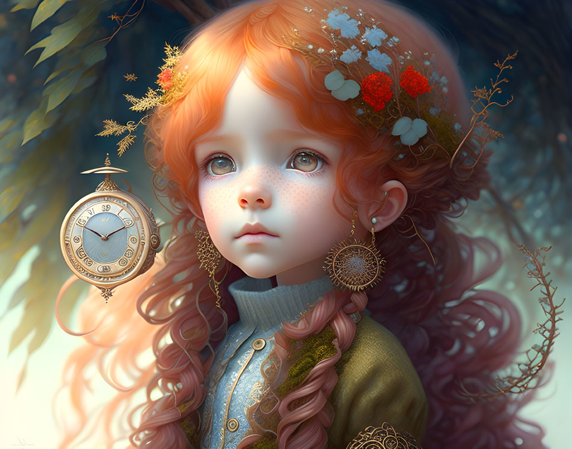 Young girl with red hair and freckles, adorned with flowers and gears, pocket watch.