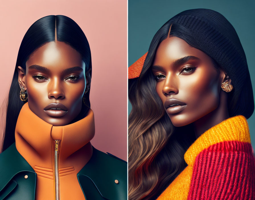 Model showcases two contrasting hairstyles and outfits side by side.