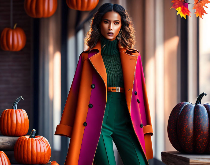 Fashionable woman in colorful coat surrounded by pumpkins and fall foliage.