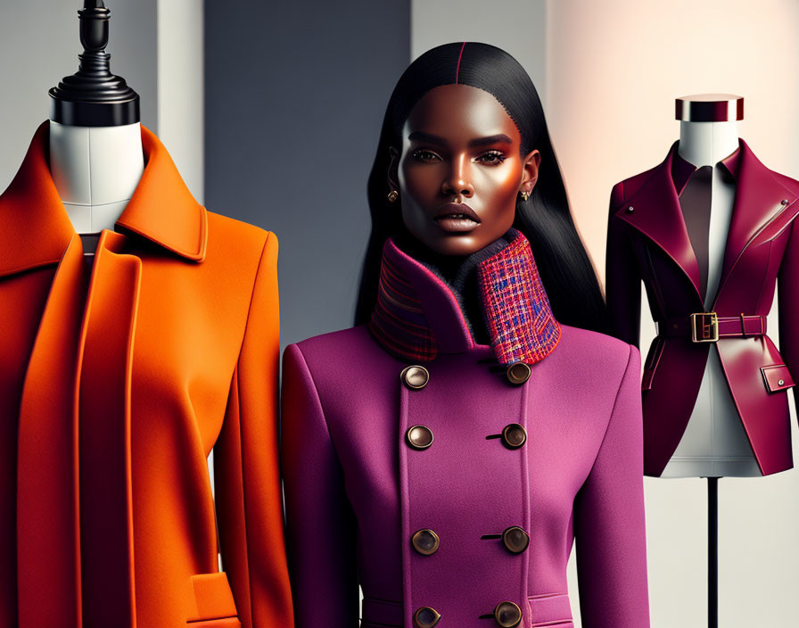 Digital art: Woman with sleek hair among mannequins in orange and burgundy coats