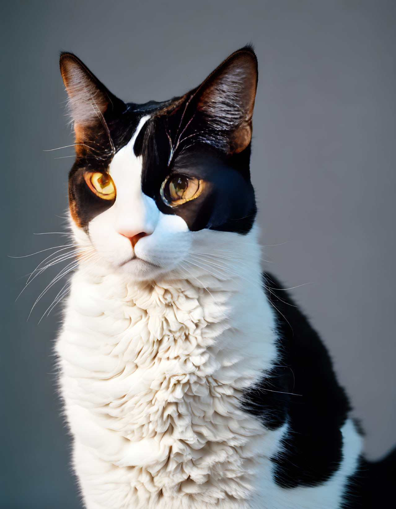 Black and white cat with yellow eyes and fluffy neck ruff on grey background