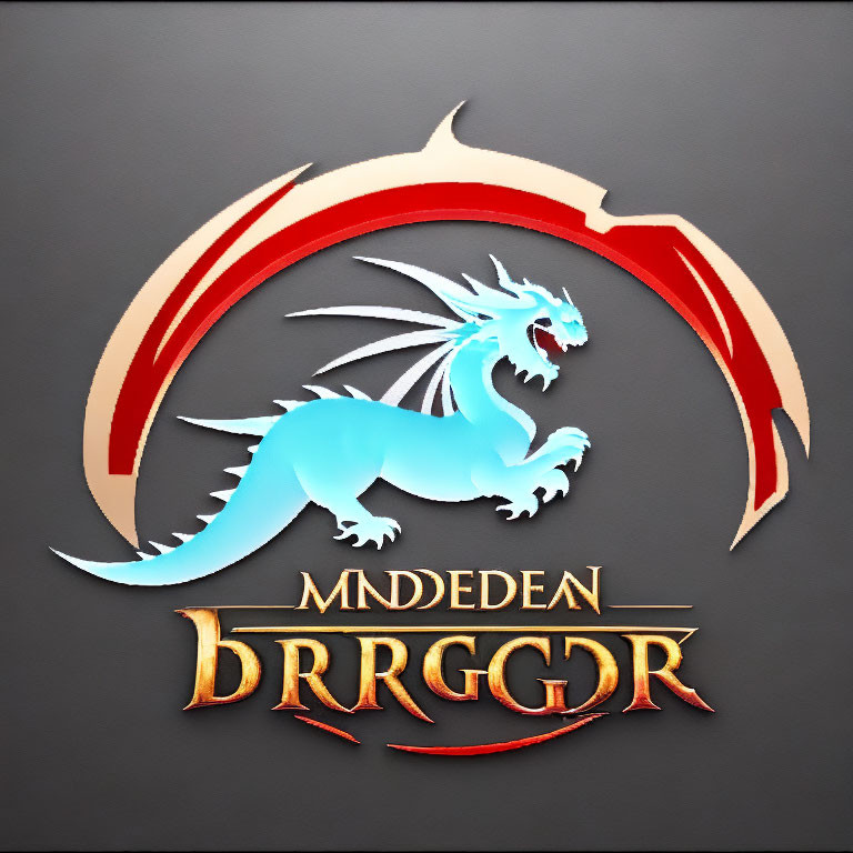 Fantasy-themed logo with blue dragon and red crescent design.