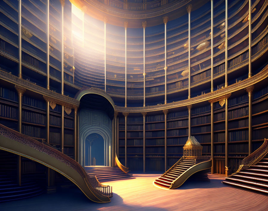 Luxurious Circular Library with Grand Staircases & Sunlit Window