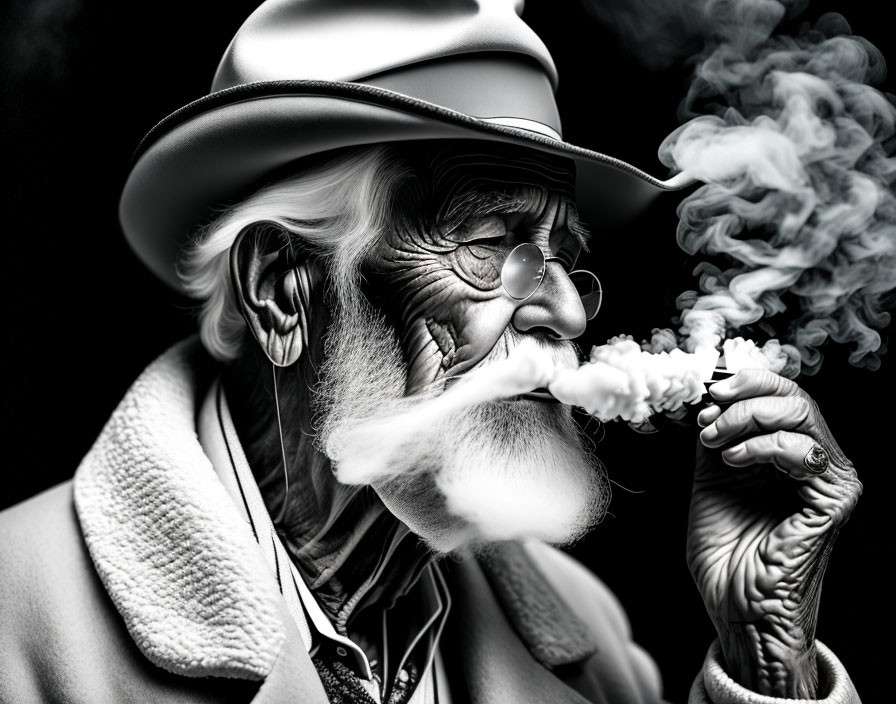 Elderly man with beard, hat, and glasses smoking cigar in black and white photo