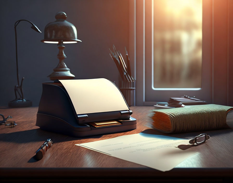 Vintage-Style Desk with Printer, Lamp, Books, and Writing Utensils