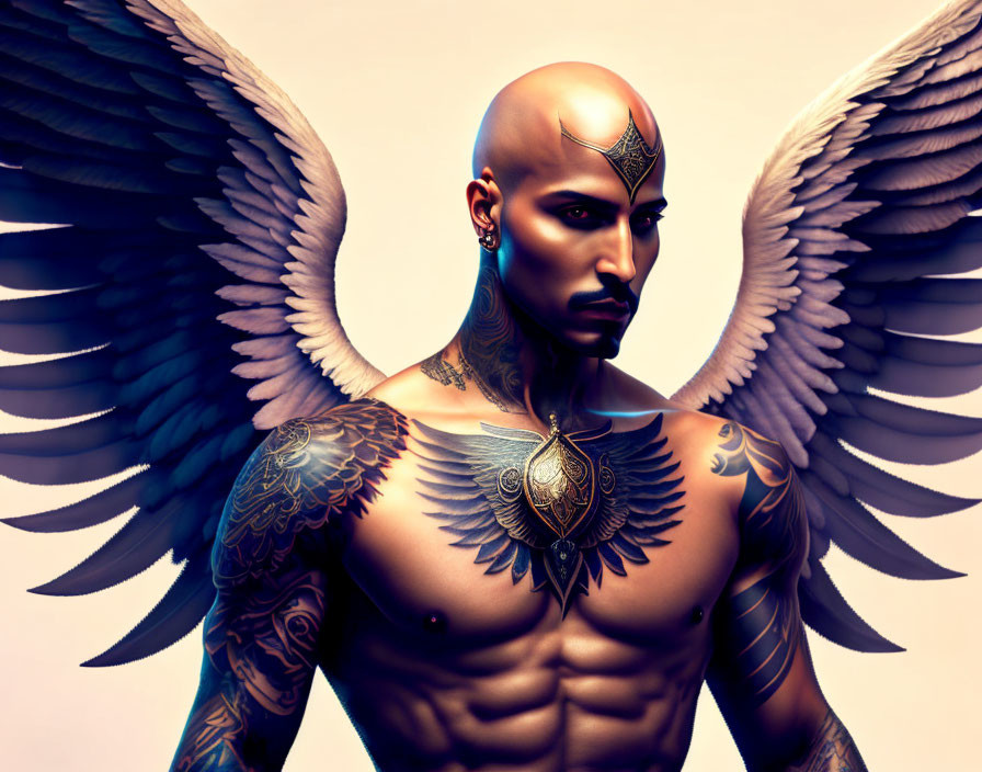 Bald Figure with Majestic Wings and Ornate Tattoos