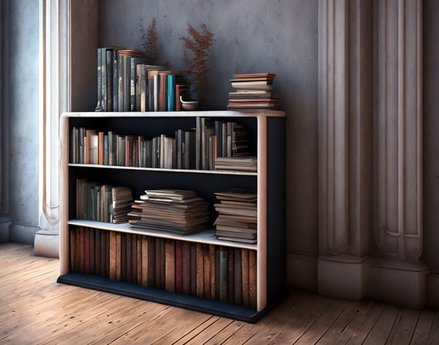 Bookshelf with books against wall under soft lighting