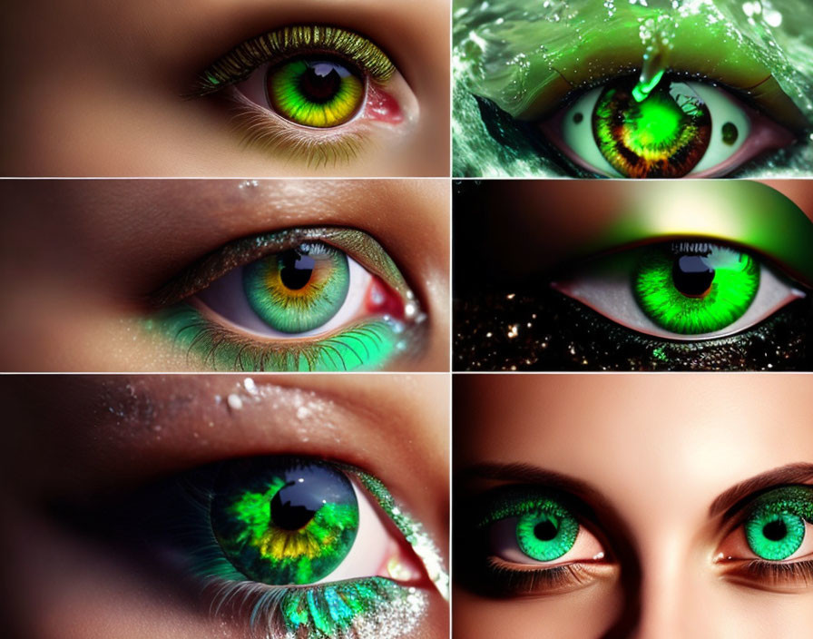 Close-up Collage: Vibrant Green Eyes with Artistic Effects