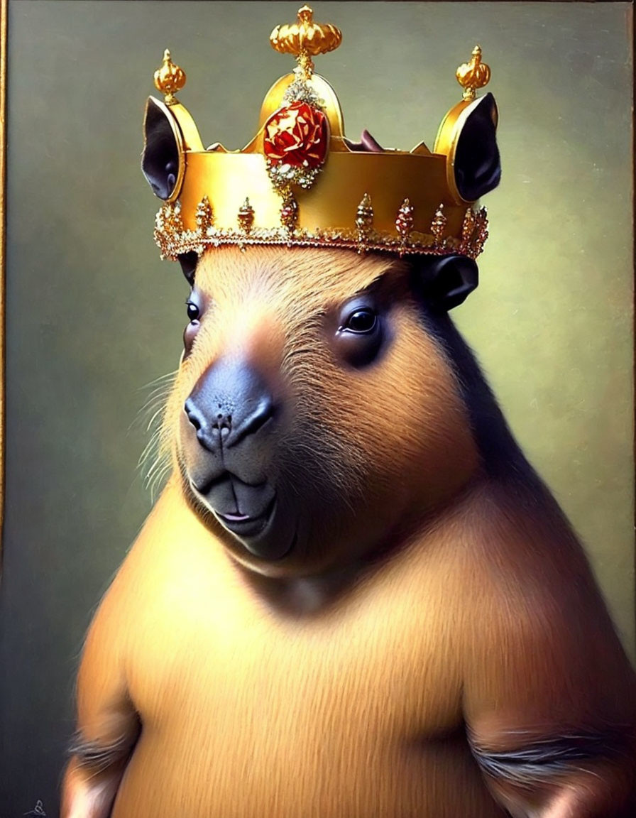 Whimsical capybara wearing golden crown on green backdrop