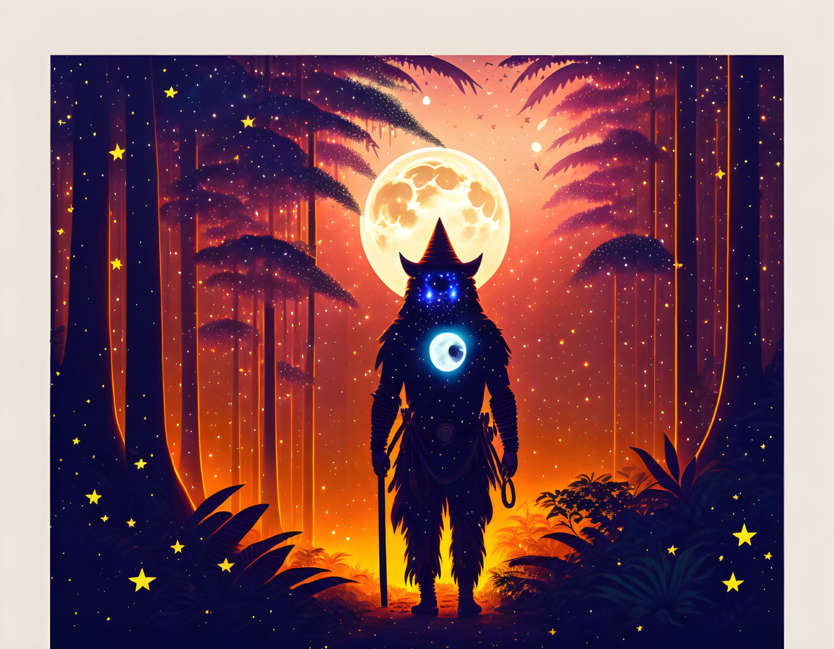 Mystical figure with glowing orb in palm forest under starry sky