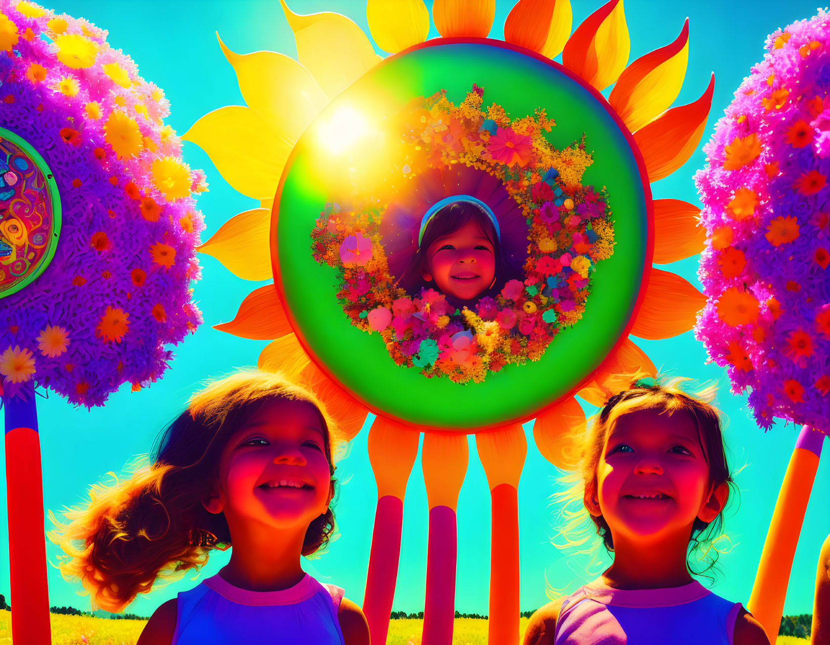 Vibrant scene: Three children with giant flowers on a sunny day