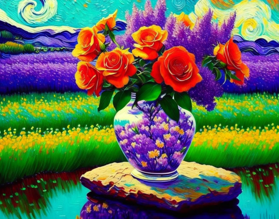 Colorful painting of orange roses on stone with purple flowers and green fields.