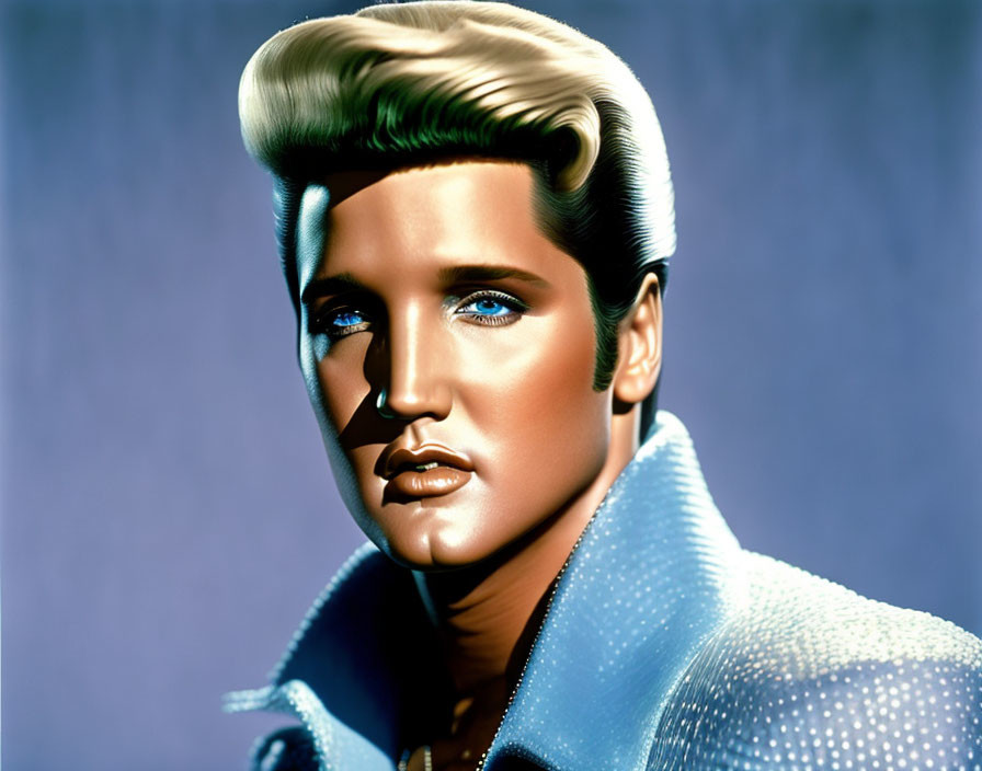 Colorful portrait of man with pompadour hairstyle in blue sparkling shirt