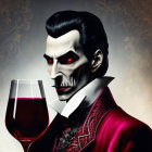 Illustration of vampire with pale skin, sharp fangs, holding glass of red liquid