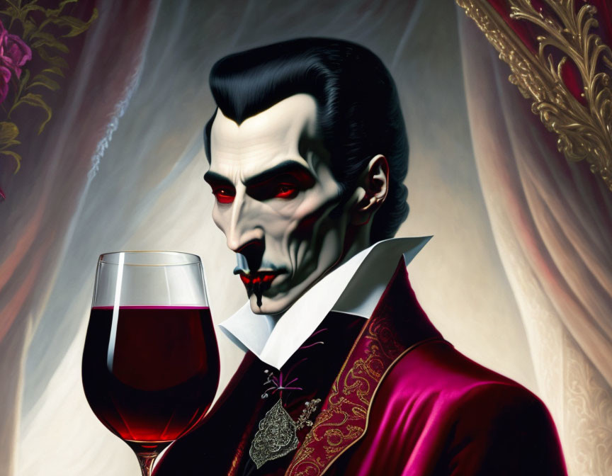 Illustration of vampire with pale skin, sharp fangs, holding glass of red liquid