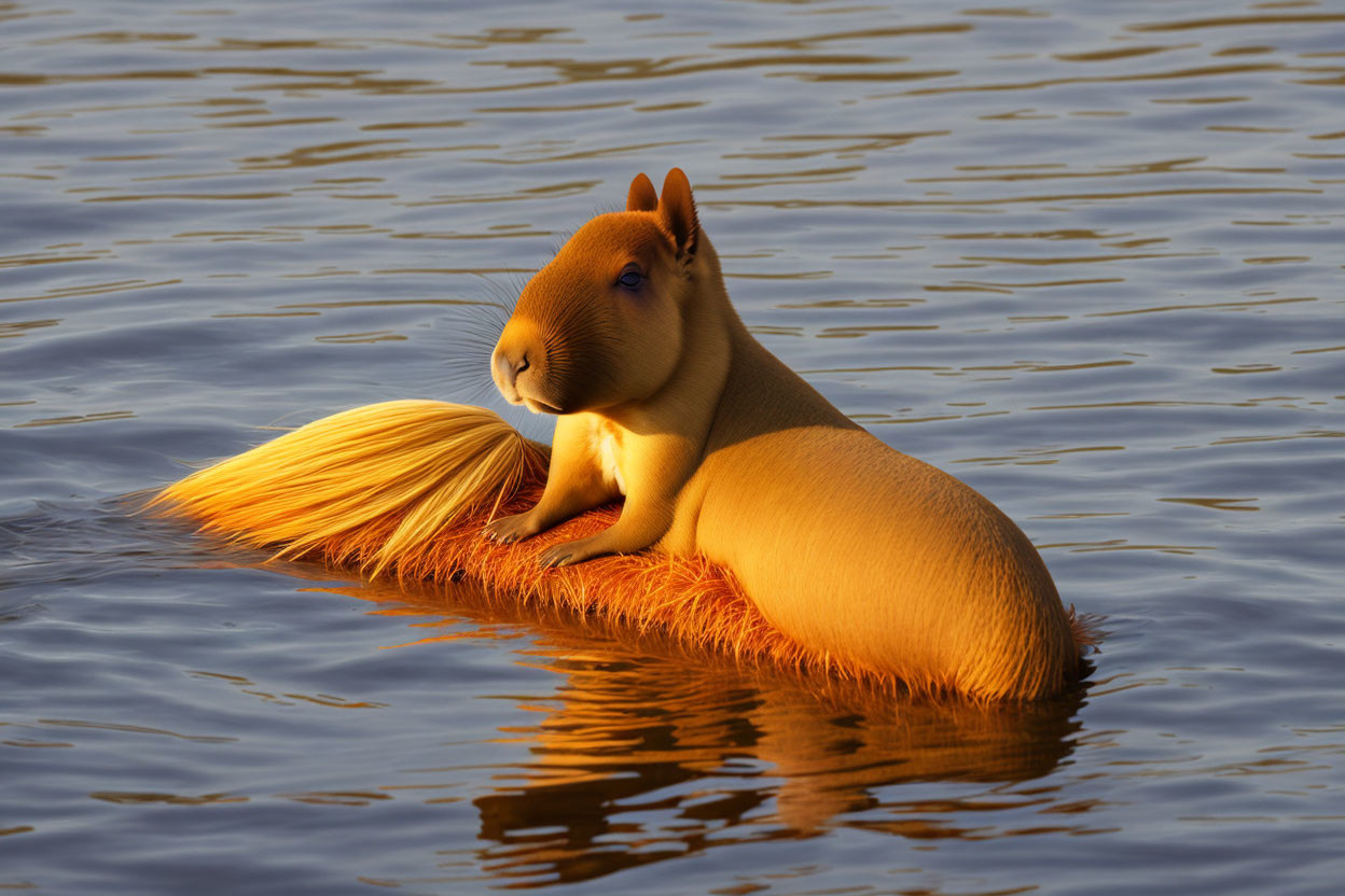 Capybara resting in shallow water at golden hour