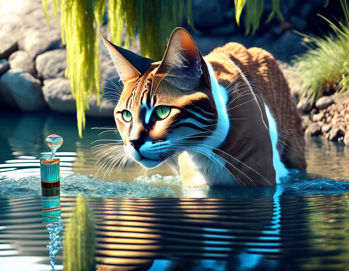 Digitally rendered image: Large cat with tabby patterns observing floating timepiece on water