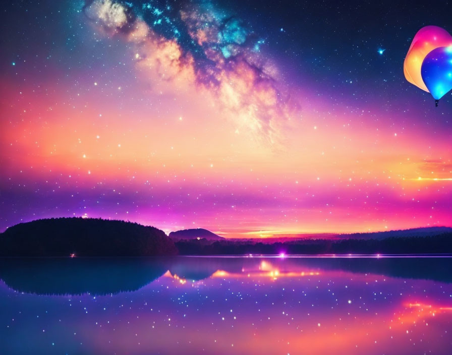 Tranquil lake sunset with pink and blue hues and starry sky