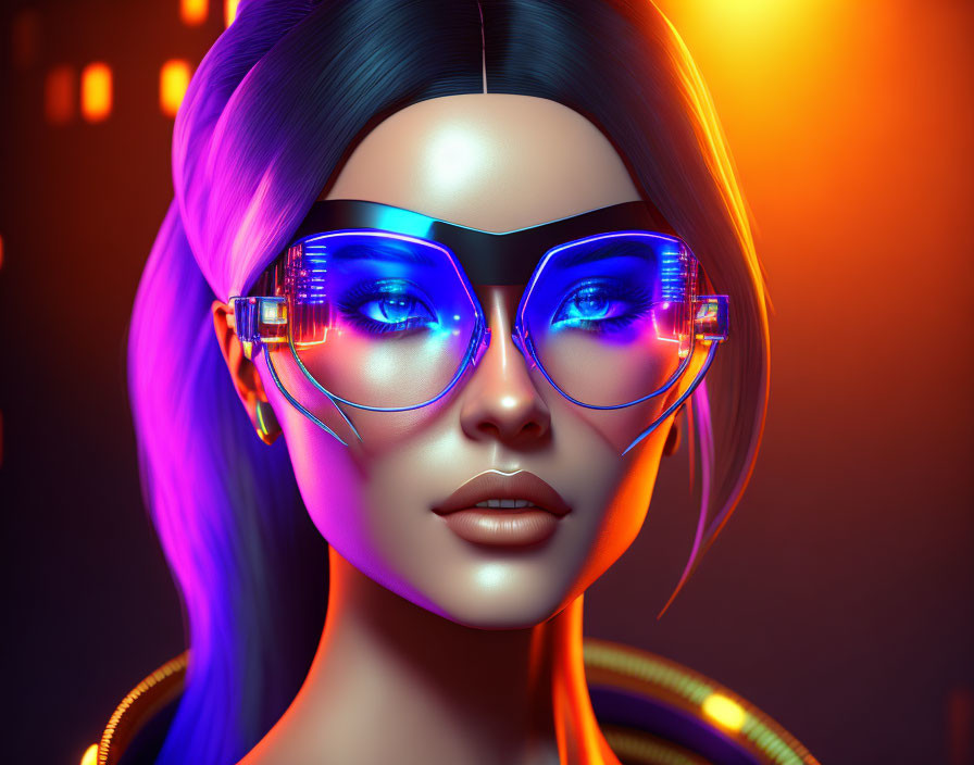 Futuristic woman with blue light glasses in neon setting