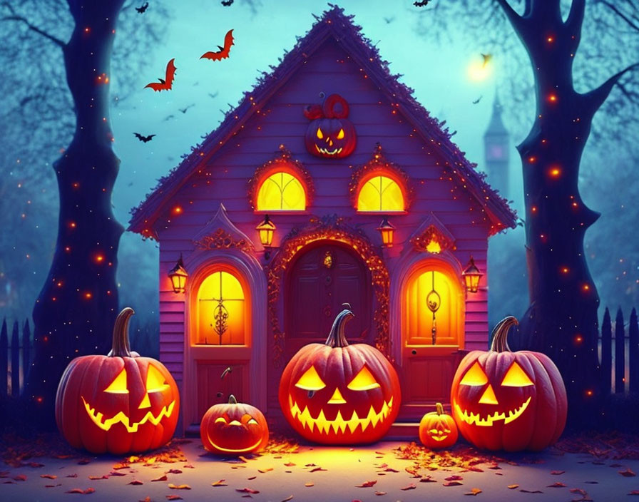 Spooky Halloween scene with jack-o'-lanterns, pumpkin-themed house, bats, and eerie