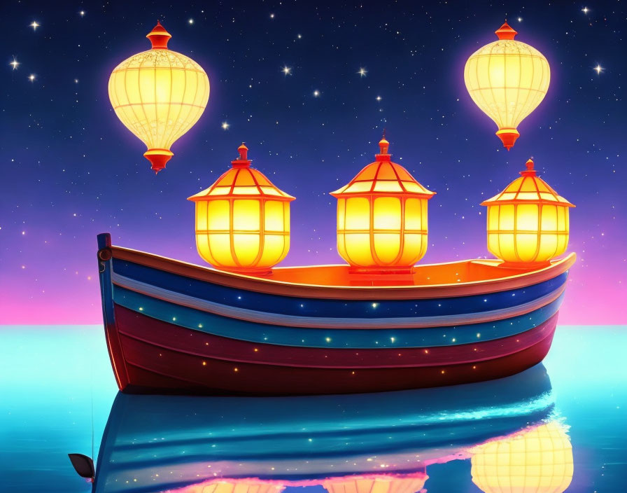 Illustration of wooden boat with glowing lanterns on tranquil waters under starry sky