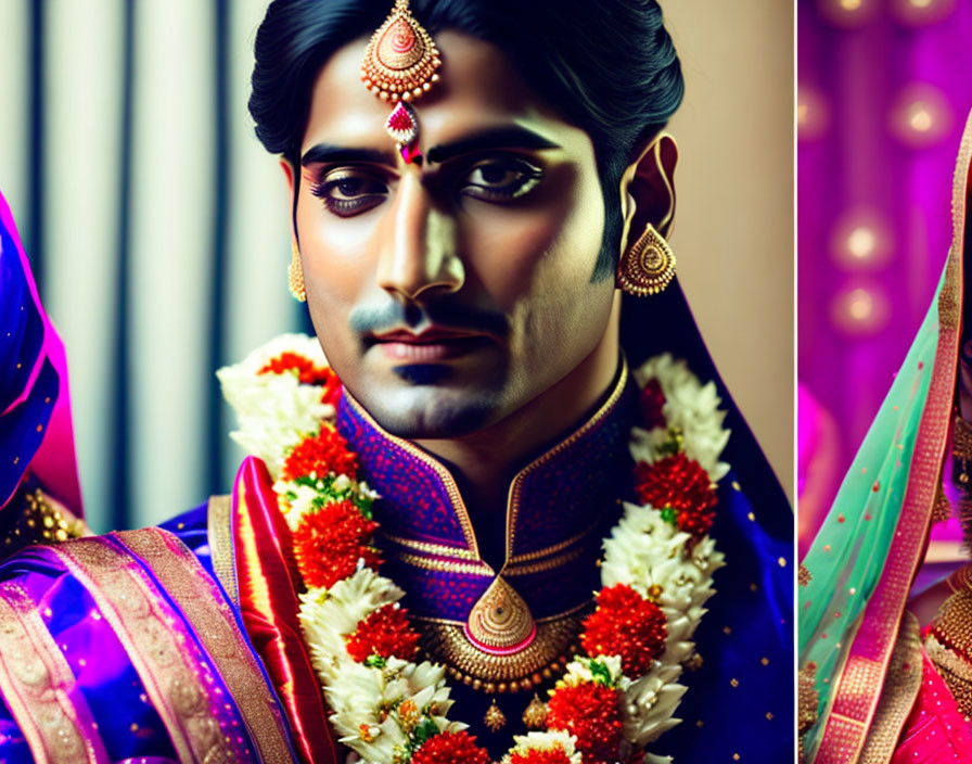 Traditional Indian wedding attire on a man with jewelry and flower garland