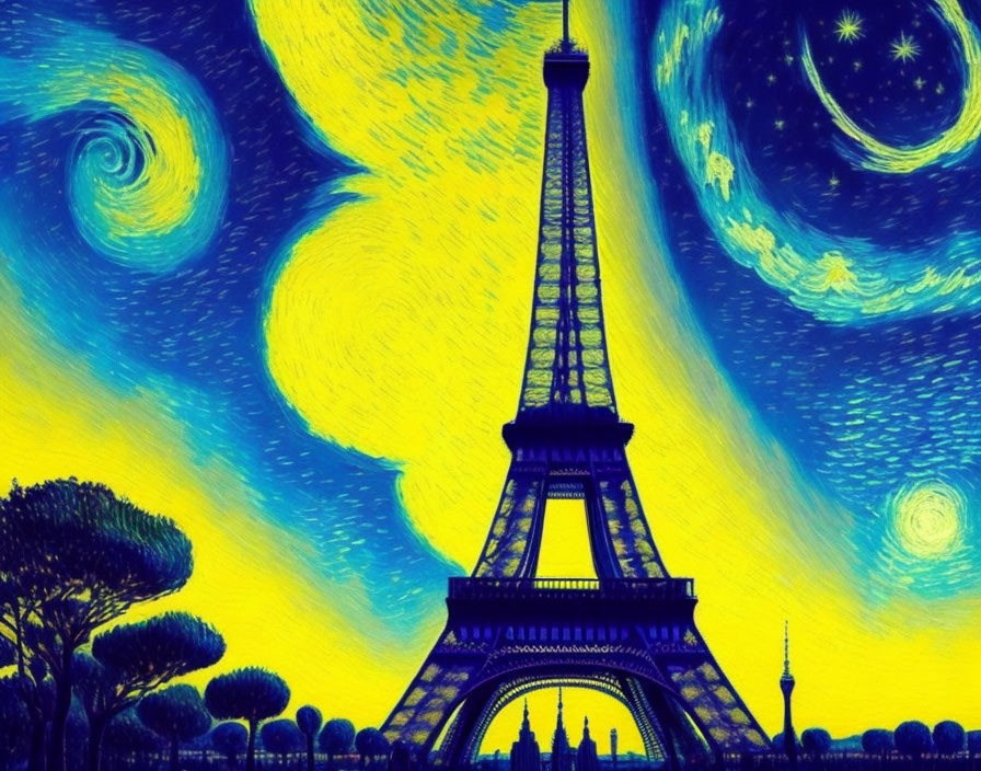 Stylized Eiffel Tower art with Van Gogh-inspired starry night sky