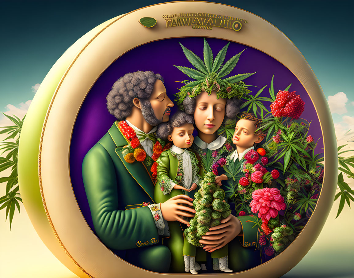 Surreal family portrait with botanical and cannabis elements in ornate golden frame