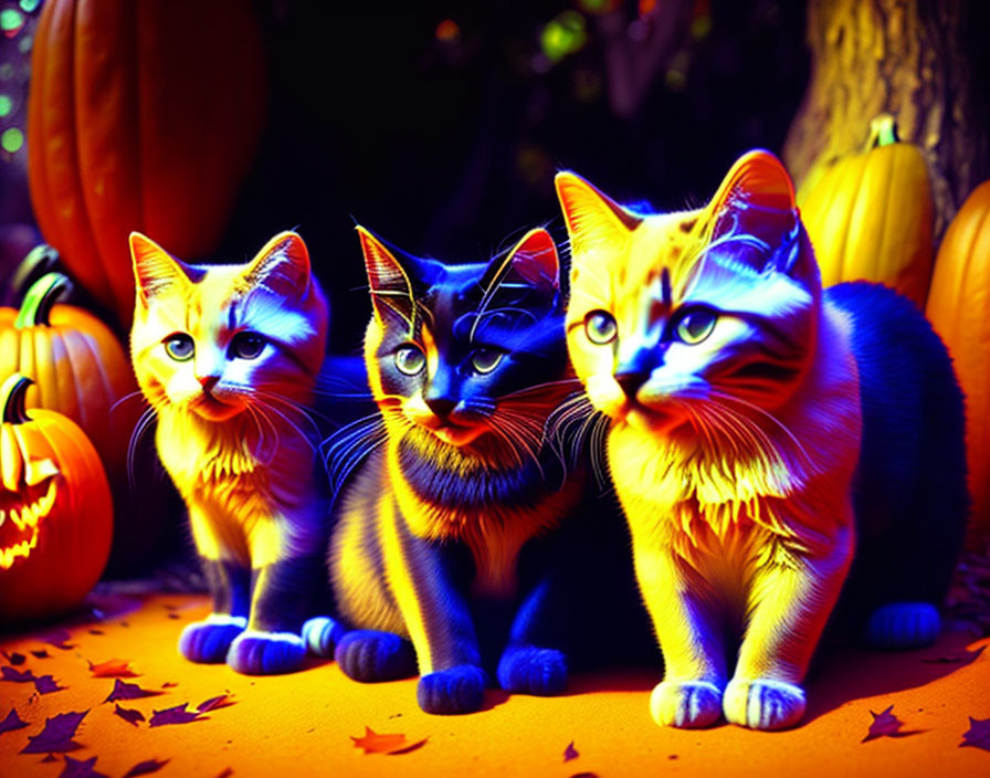 Colorful Cats with Glowing Blue Eyes Among Pumpkins and Autumn Leaves