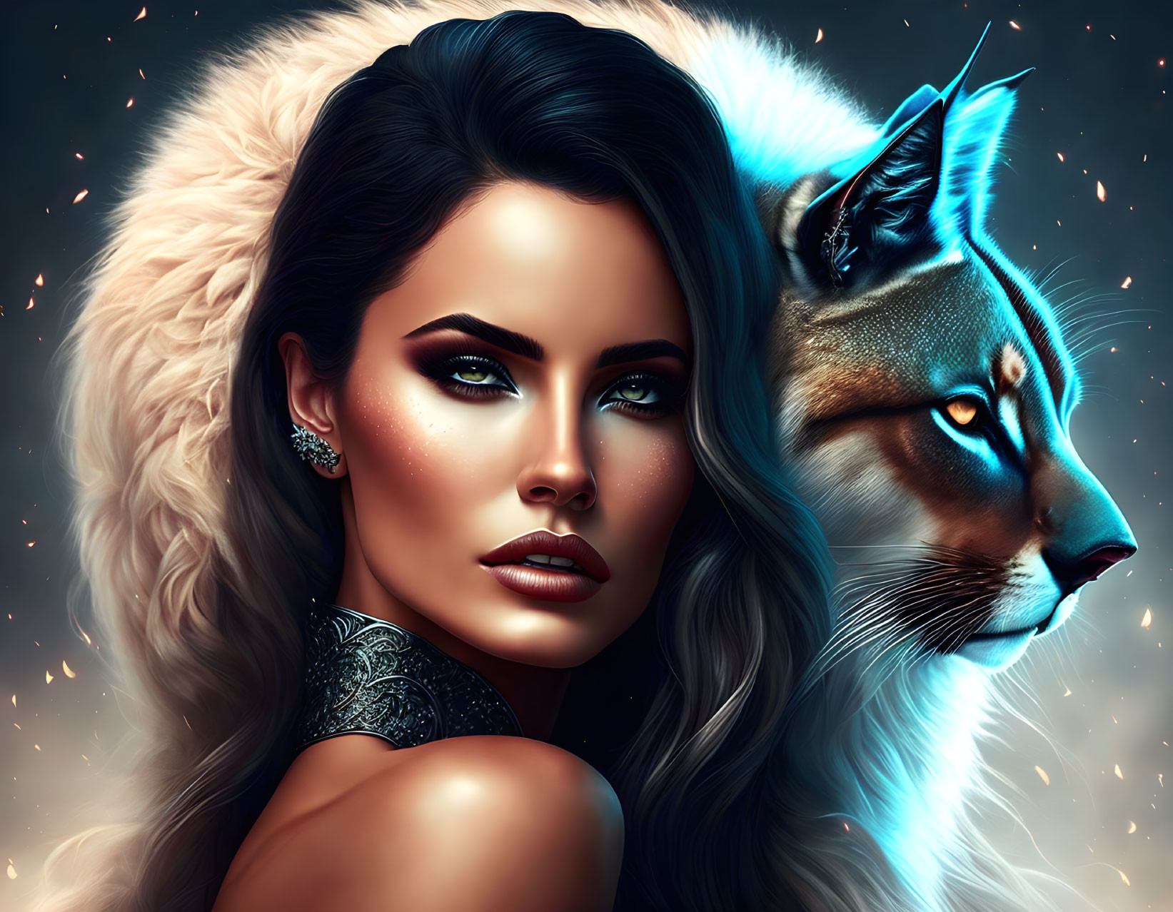 Digital artwork: Woman and lynx blend with cosmic background