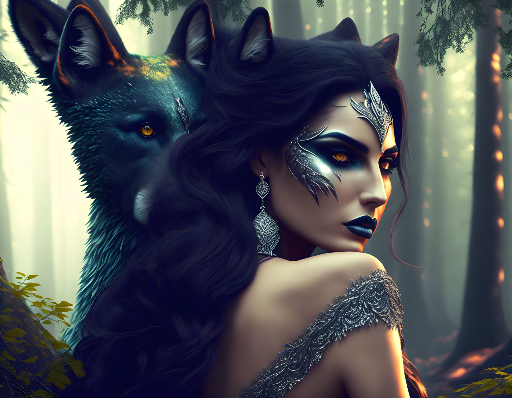 Digital Artwork: Woman with Dark Hair and Wolf Makeup in Forest Scene