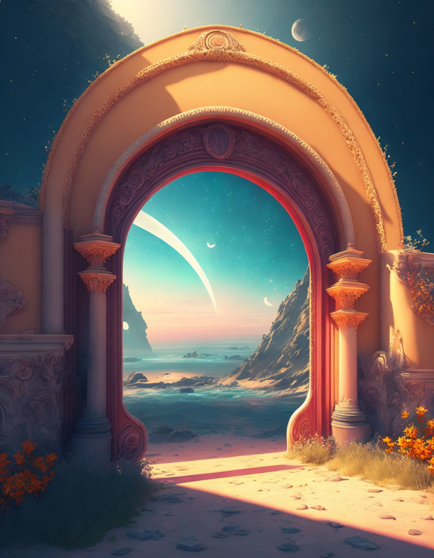 Ornate archway leading to serene beach at twilight