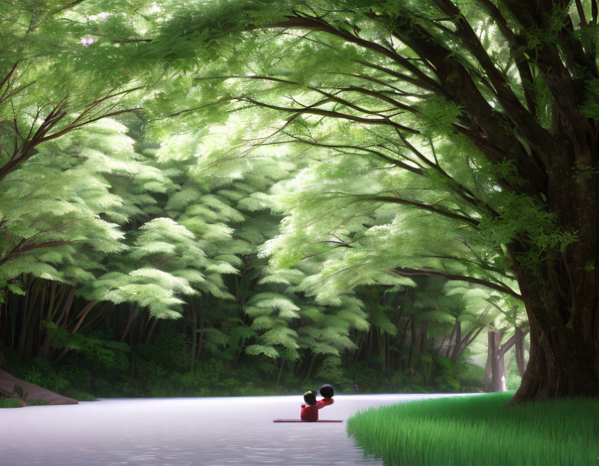 Red canoe paddling on misty river with lush green trees