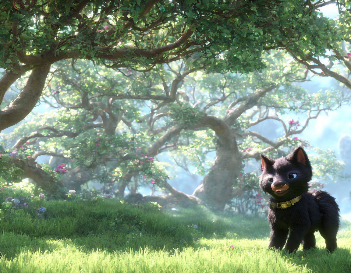 Black Cat with Collar in Sunlit Forest Clearing surrounded by Trees and Flowers